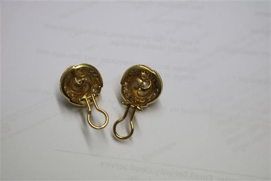 A pair of 18ct yellow gold, cultured pearl and diamond cluster earrings
